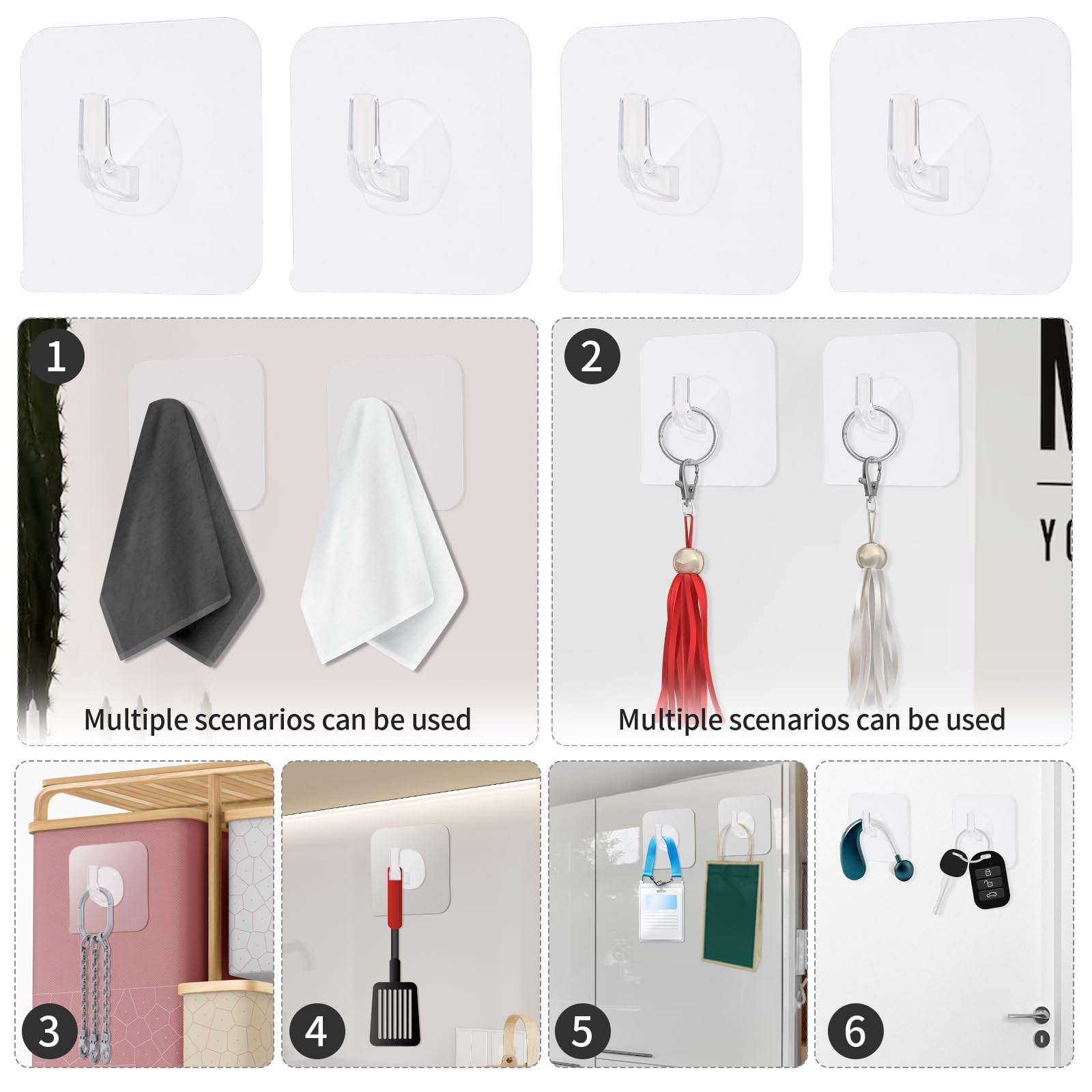 WLLHYF 12 Pack Self-Adhesive Small Wall Hooks Clear Square Plastic Strong Shower Pothook Heavy Duty Waterproof for Kitchen Bathroom Office Door Window Hanging Hat Towel Picture