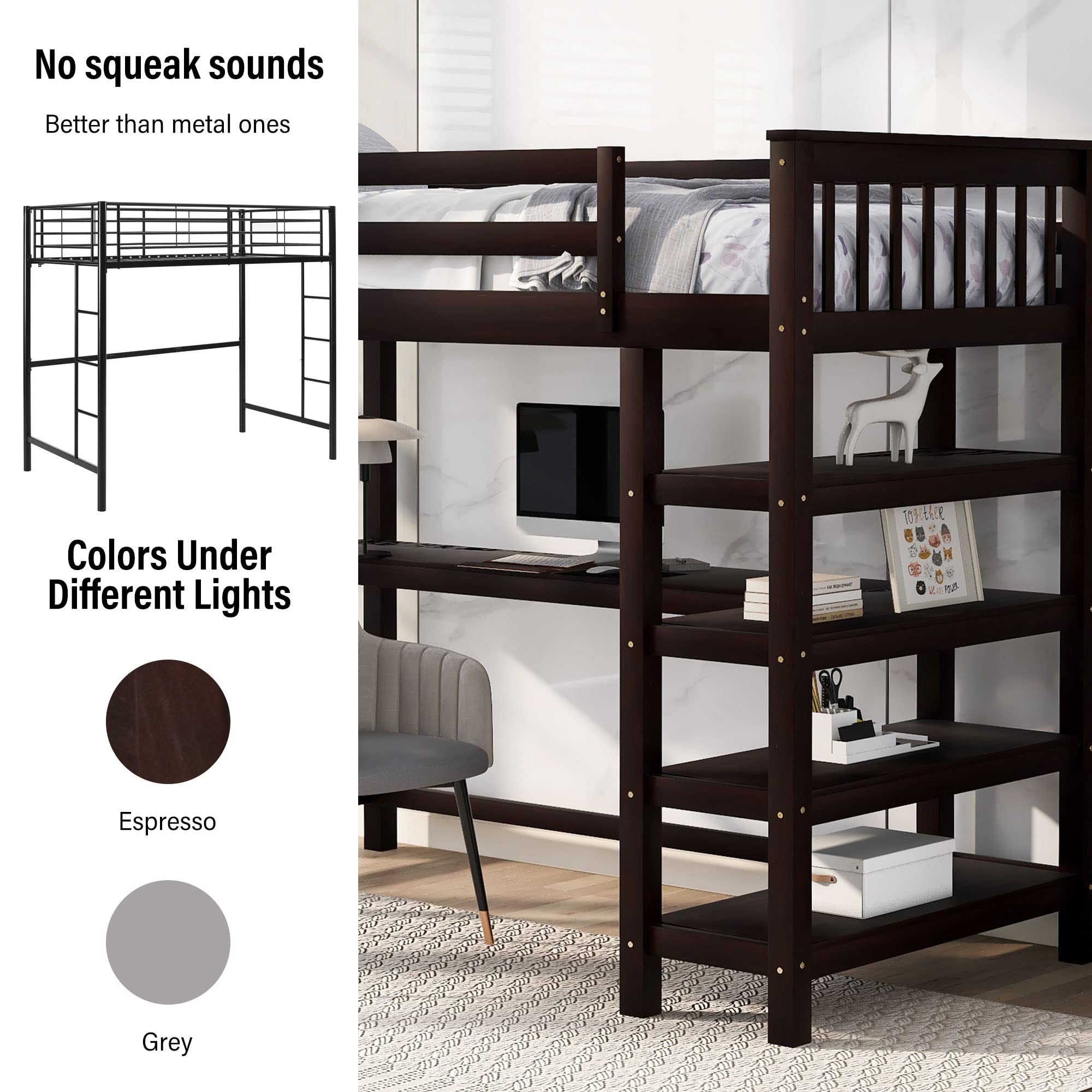 Merax Wood Loft Bed with Desk and Shelves : Twin Size Loft Bed with Storage Shelves and Under-Bed Desk, Twin Loft Bed,Espresso