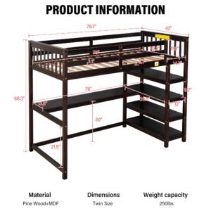 Merax Wood Loft Bed with Desk and Shelves : Twin Size Loft Bed with Storage Shelves and Under-Bed Desk, Twin Loft Bed,Espresso