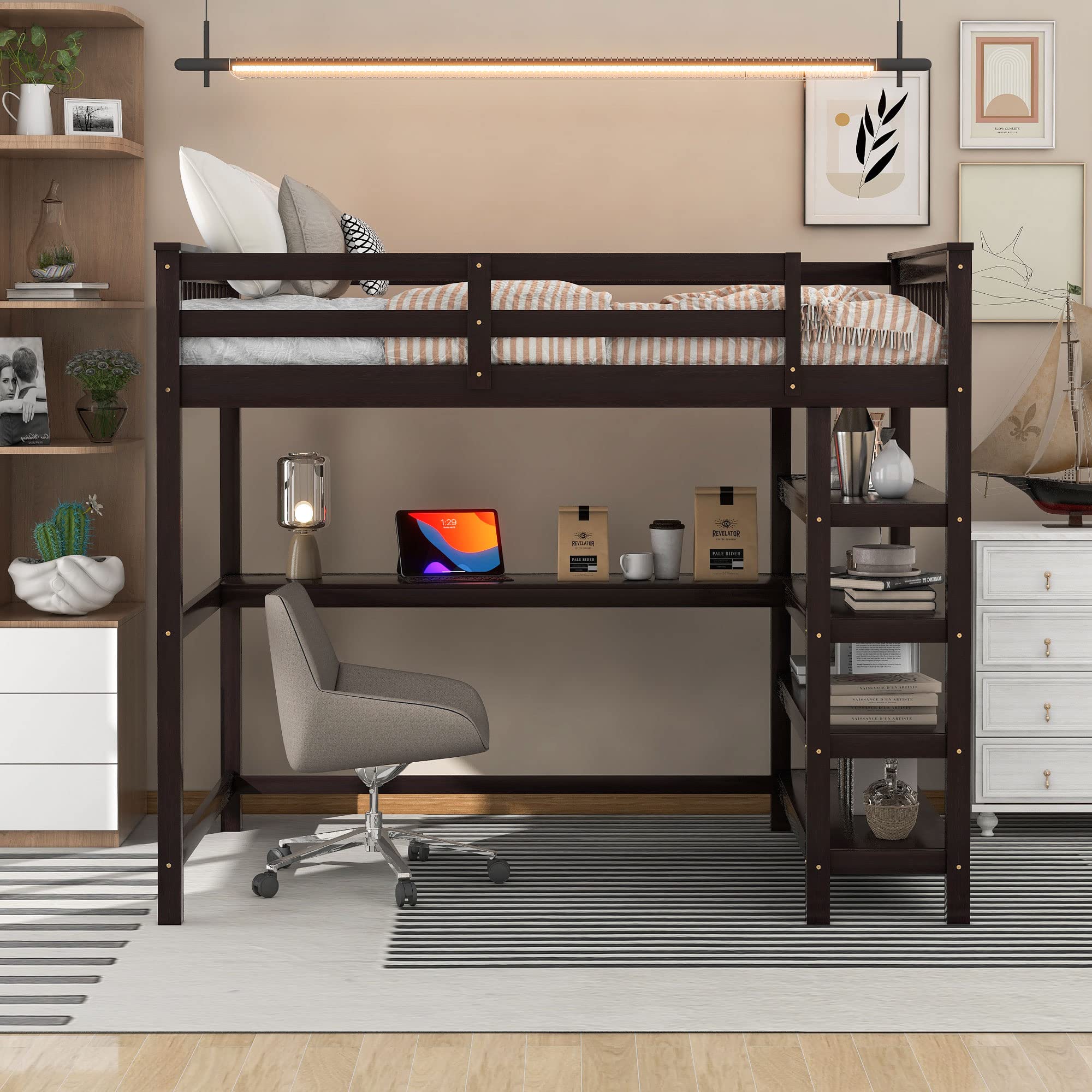 Merax Wood Loft Bed with Desk and Shelves : Twin Size Loft Bed with Storage Shelves and Under-Bed Desk, Twin Loft Bed,Espresso