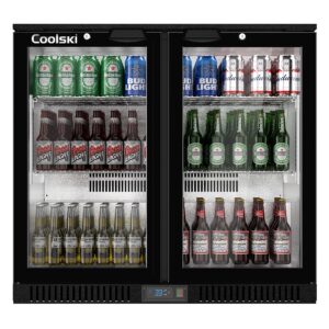coolski back bar cooler counter height beverage refrigerator with 2 glass doors, commercial undercounter display fridge for beer soda wine, 7.4 cu.ft. capacity/etl nsf approved, black