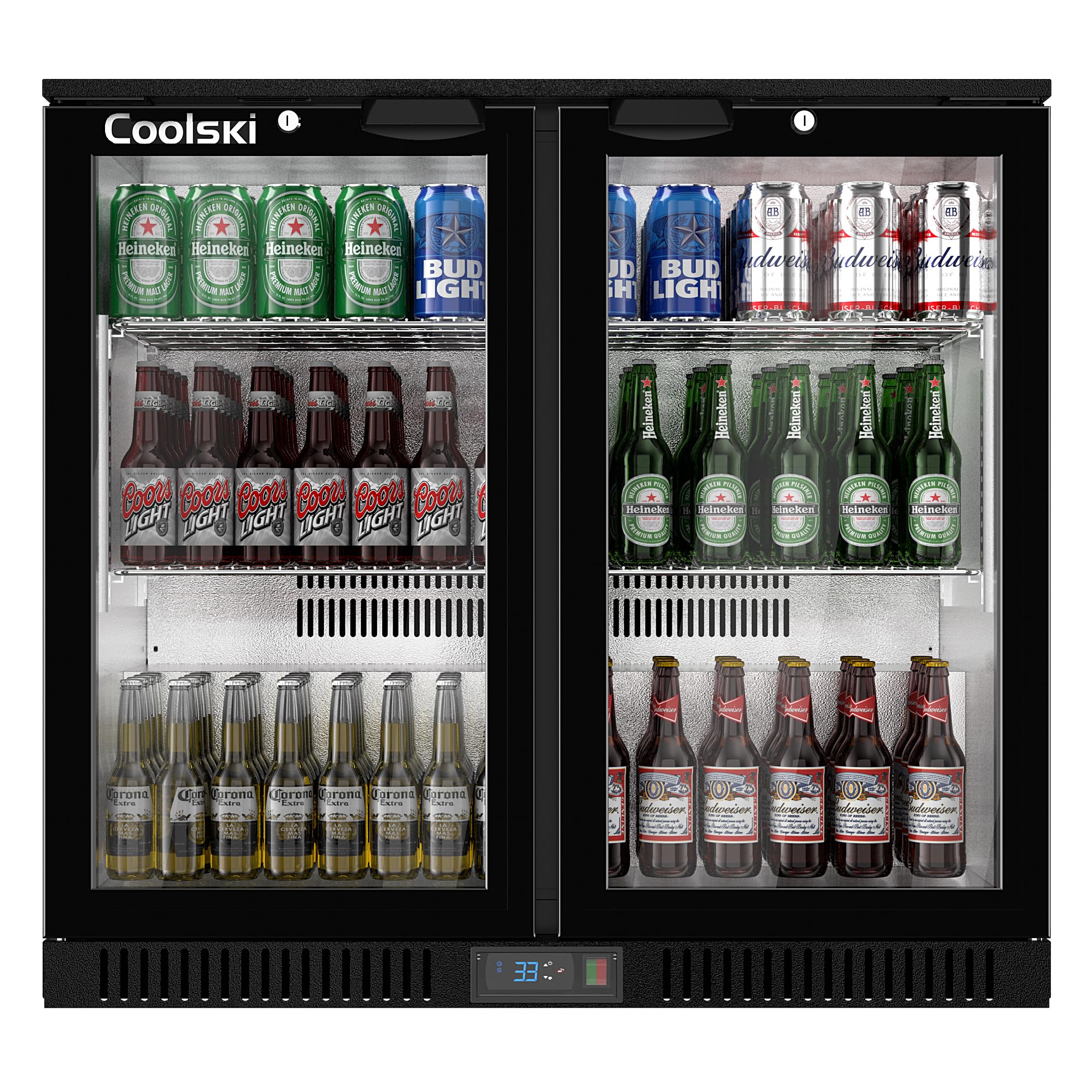 Coolski Back Bar Cooler Counter Height Beverage Refrigerator with 2 Glass Doors, Commercial Undercounter Display Fridge for Beer Soda Wine, 7.4 Cu.Ft. Capacity/ETL NSF Approved, Black