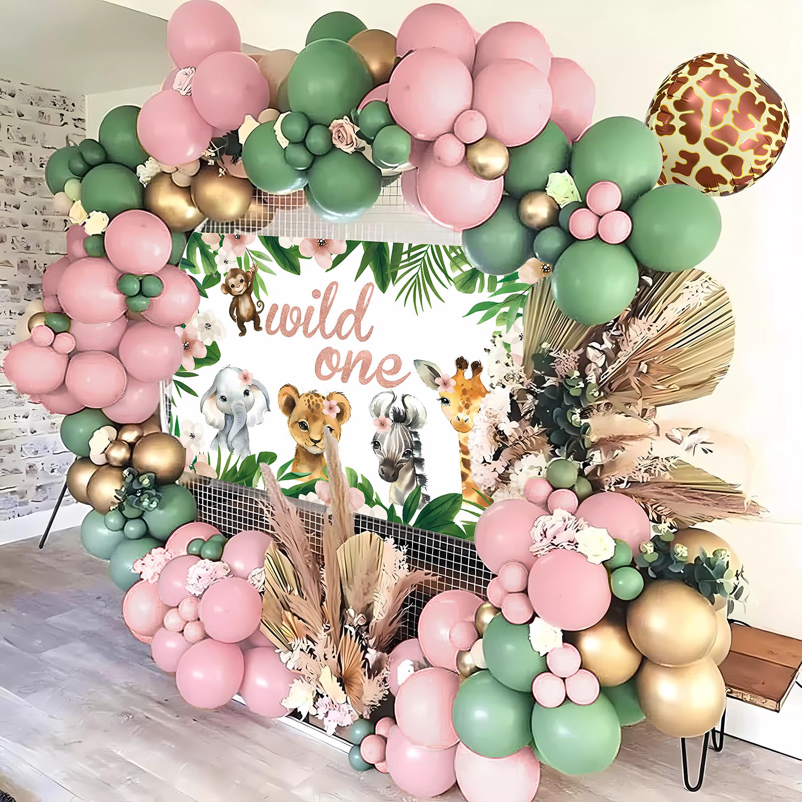 Pink Wild One Balloon Arch with Backdrop 59x40 Inch for Wild One Birthday Decoration, Safari Jungle Balloons Garland Arch Kit Giraffe Pink Sage Green Balloons of First 1st Birthday Decorations Girl