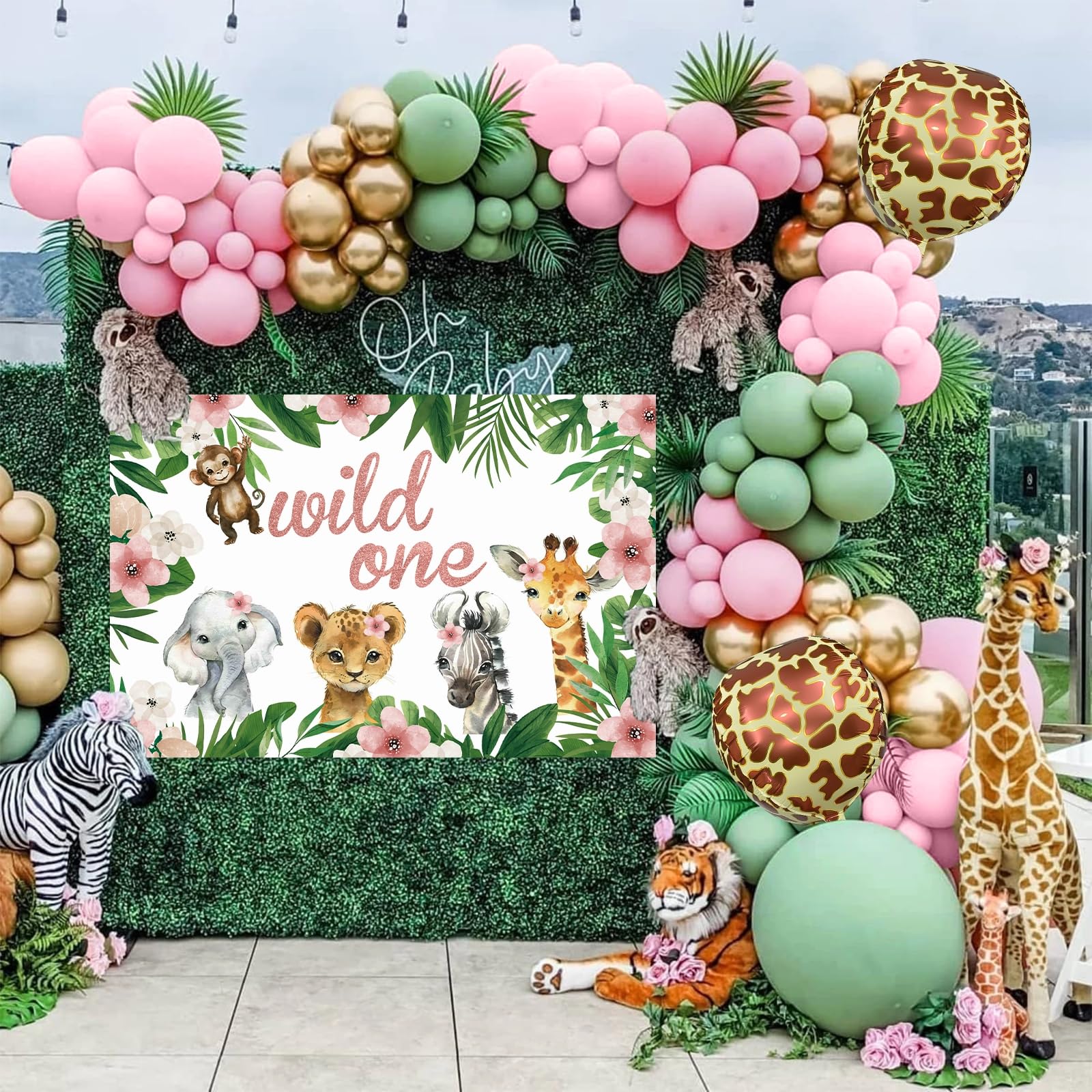 Pink Wild One Balloon Arch with Backdrop 59x40 Inch for Wild One Birthday Decoration, Safari Jungle Balloons Garland Arch Kit Giraffe Pink Sage Green Balloons of First 1st Birthday Decorations Girl