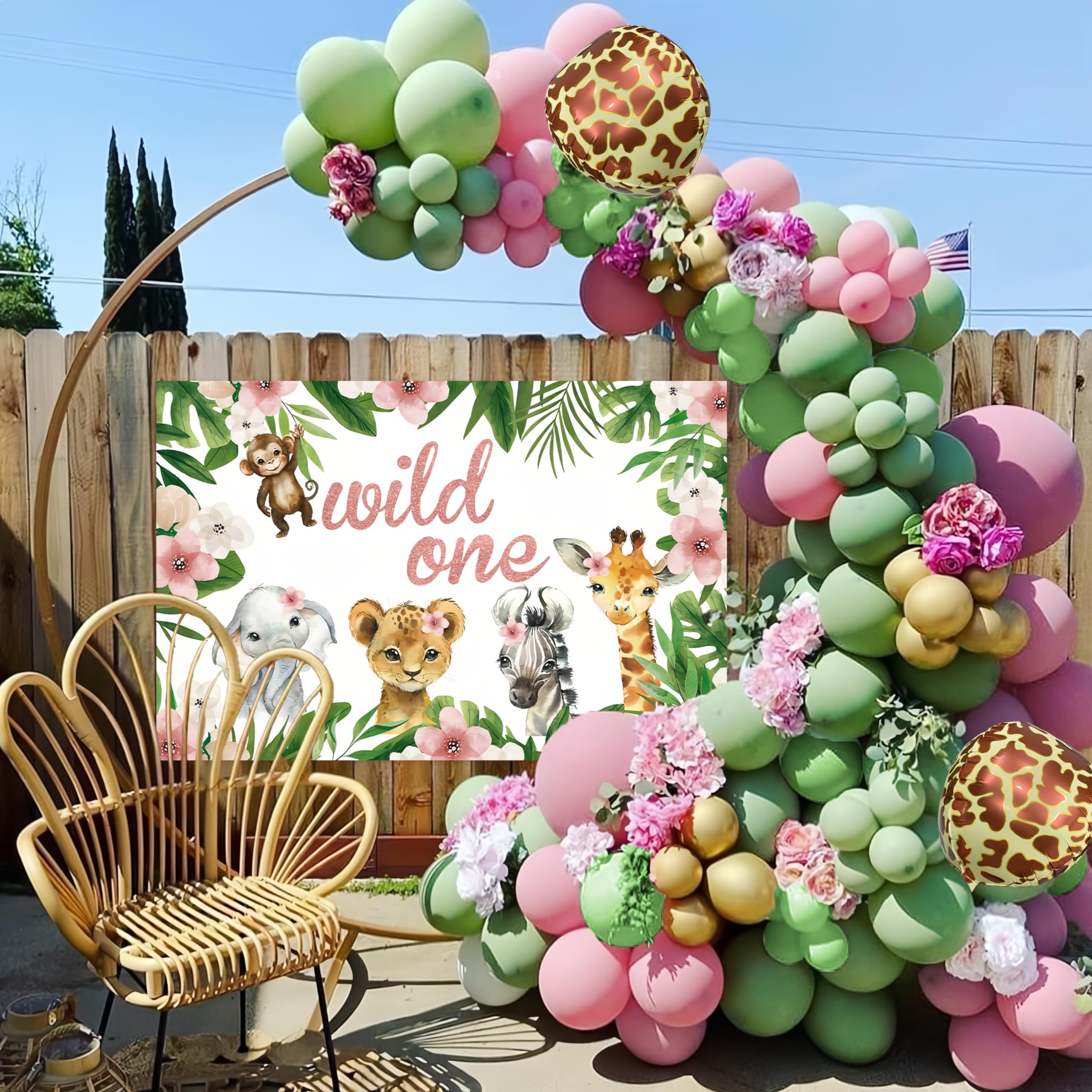 Pink Wild One Balloon Arch with Backdrop 59x40 Inch for Wild One Birthday Decoration, Safari Jungle Balloons Garland Arch Kit Giraffe Pink Sage Green Balloons of First 1st Birthday Decorations Girl