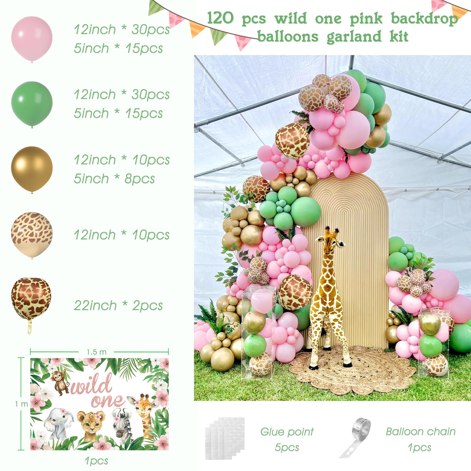 Pink Wild One Balloon Arch with Backdrop 59x40 Inch for Wild One Birthday Decoration, Safari Jungle Balloons Garland Arch Kit Giraffe Pink Sage Green Balloons of First 1st Birthday Decorations Girl