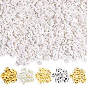 4500pcs white clay beads kit for bracelet making including 6mm flat polymer clay heishi beads and gold bead pearls spacers letter beads for jewelry necklace making