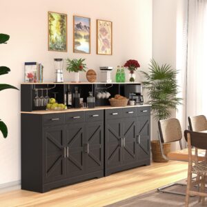 Black Buffet Sideboard Storage Cabinet - 47" Large Double-Layer Kitchen Pantry Cabinet with 3 Drawers & 3 Doors, Modern Liquor Coffee Bar Cabinet Buffet Table with Hutch for Dining Living Room