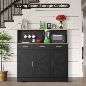 Black Buffet Sideboard Storage Cabinet - 47" Large Double-Layer Kitchen Pantry Cabinet with 3 Drawers & 3 Doors, Modern Liquor Coffee Bar Cabinet Buffet Table with Hutch for Dining Living Room