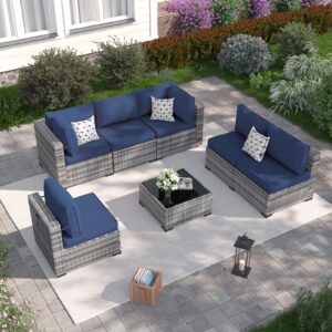 Amopatio Patio Furniture Set, Outdoor Patio Furniture Wicker Furniture Couch Set, 7-Pieces Outdoor Sectional Sofa with Patio Furniture Cover, Outdoor Patio Set for Home Furniture (Navy Blue)