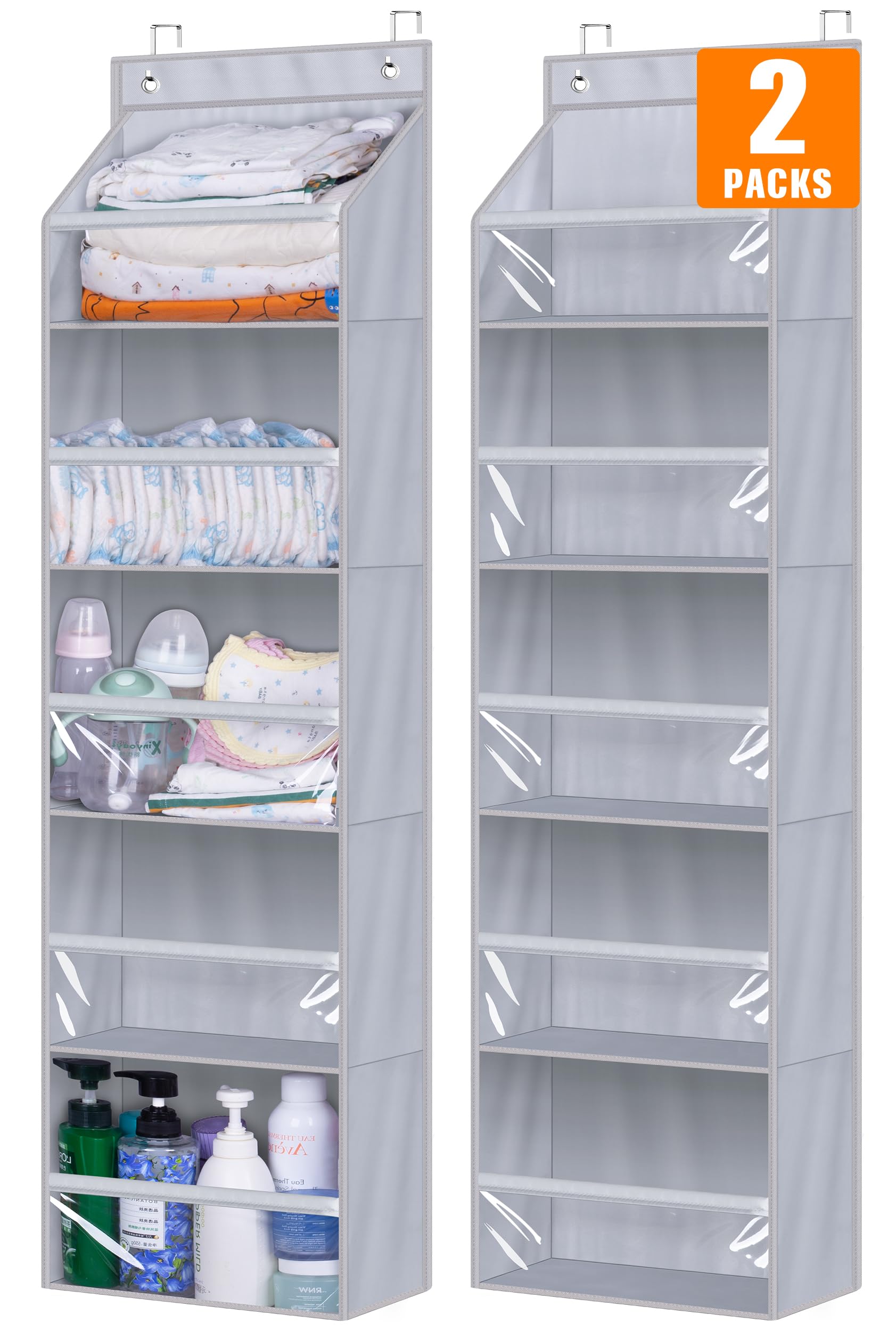 AOODA 2 Pack Over the Door Organizer, Large Capacity Closet Door Hanging Organizer, Clear Deep Pockets Baby Organizer Storage for Nursery, Bathroom, Bedroom, Pantry, Diapers (Grey)