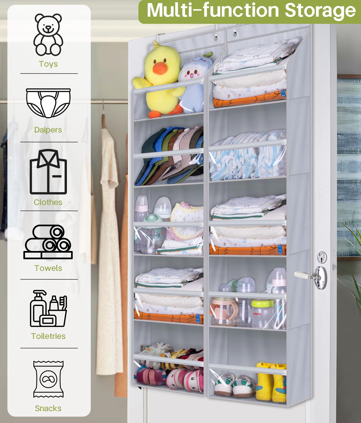 AOODA 2 Pack Over the Door Organizer, Large Capacity Closet Door Hanging Organizer, Clear Deep Pockets Baby Organizer Storage for Nursery, Bathroom, Bedroom, Pantry, Diapers (Grey)