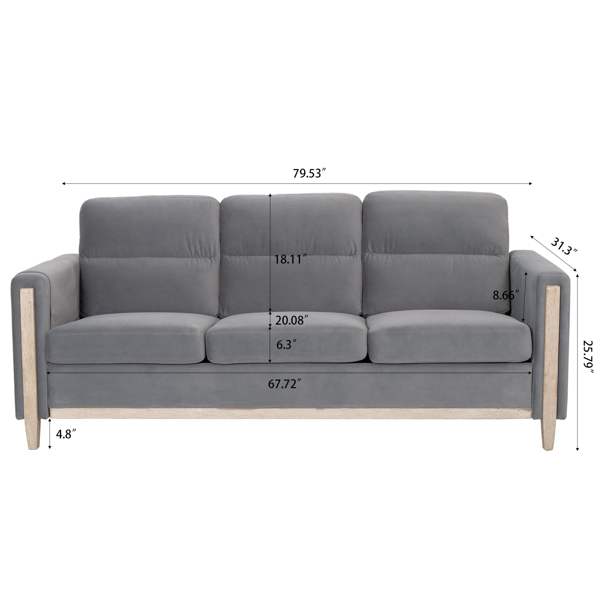 FIRLZY Comfy Three-Seater Solid Wood Sofa - Plush Cushions, Thick Backrest, Sturdy and Enduring - Ideal Couch for Living Room, Apartment, or Bedroom (Gray Velvet, 3-Seater)