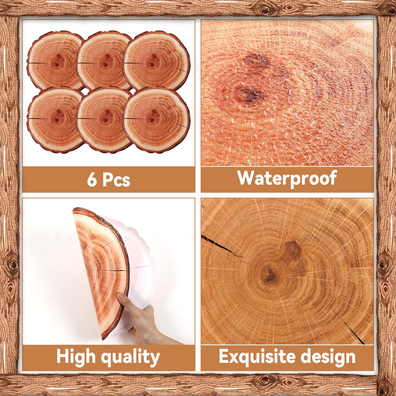 Recyclable Wooden Placemats Set of 6 Round Wood Plastic Table Place Mats Rustic Brown Table Mats Washable Holiday Rustic Vintage Table Decoration for Indoor Outdoor Party Wedding Dining Table