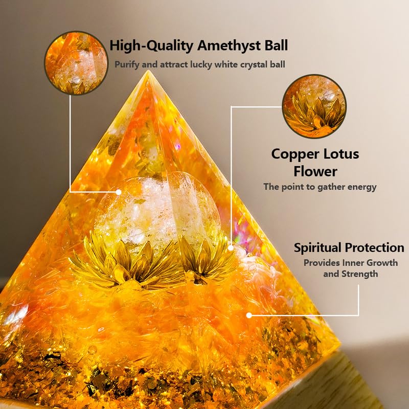 VIDUFO Orgone Pyramid | Powerful Healing Crystal for Stress Reduction, Chakra Balancing, Reiki Healing, and Meditation | Attracts Luck, Success | Tri-Color Luminous Base | Restoration Gift