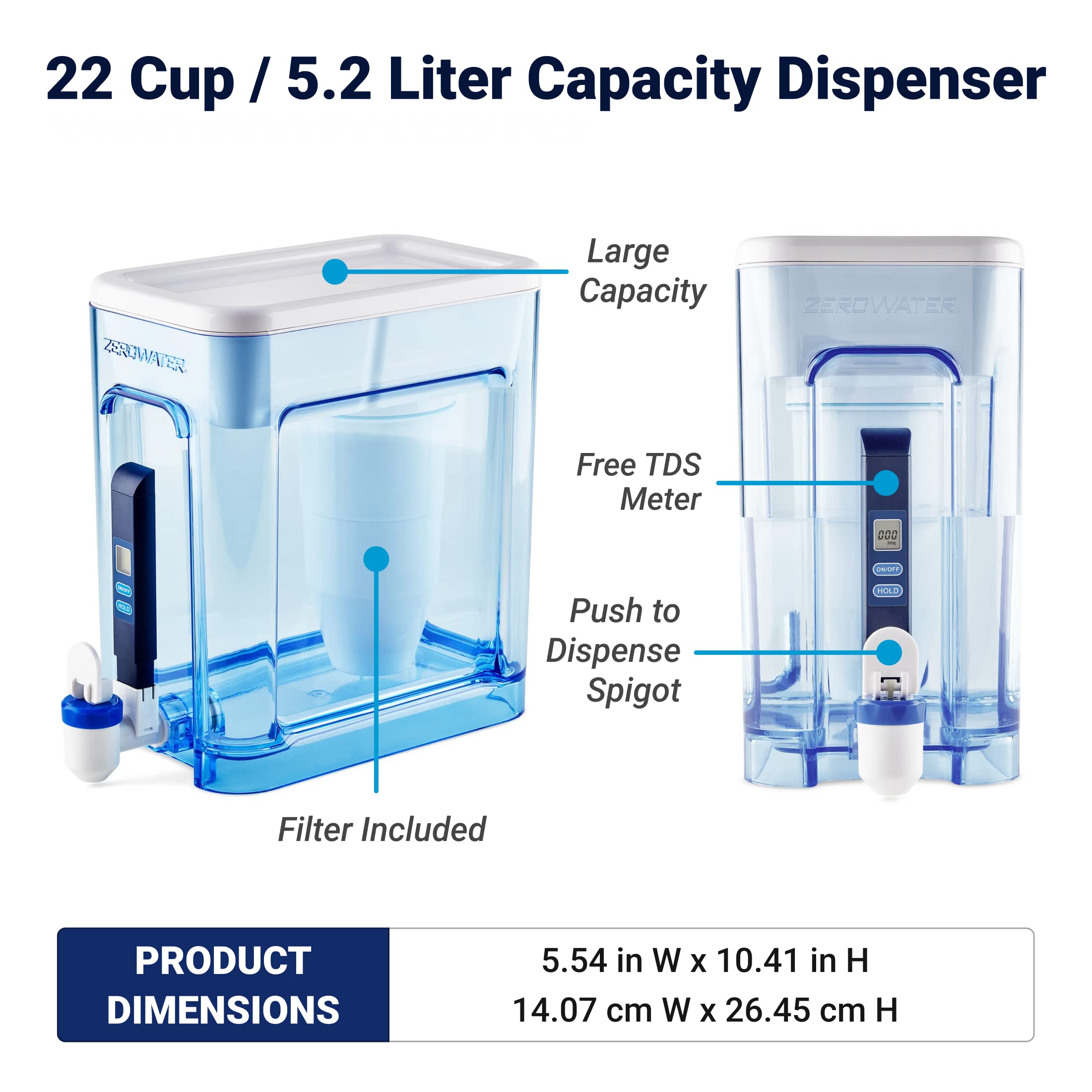 ZeroWater Official Replacement Filter - 5-Stage Water Filter Bundle with 22 Cup Ready-Read 5-Stage Water Filter Dispenser