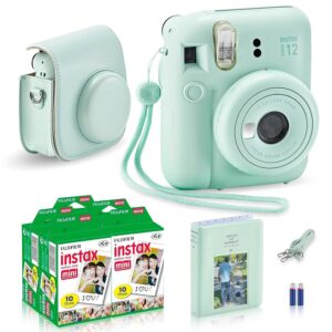 fujifilm instax mini 12 instant camera mint green + minimate accessory bundle & compatible custom case + fuji instax film value pack (50 sheets) designer photo album (mint green)