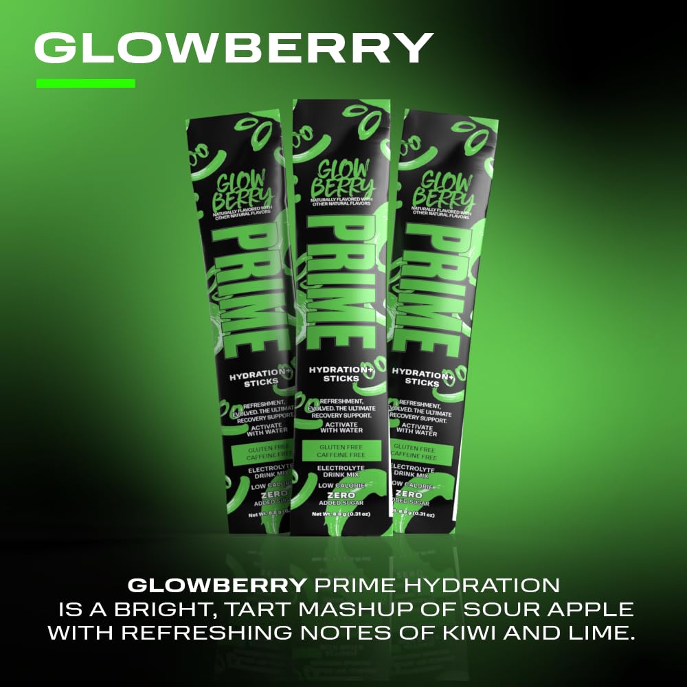 Prime Hydration+ Stick Pack | GLOWBERRY | 6 Sticks | Electrolyte Drink Mix | 10% Coconut Water | 250mg BCAAs | Antioxidants | Naturally Flavored | Zero Added Sugar | Easy Open Single-Serve Sticks