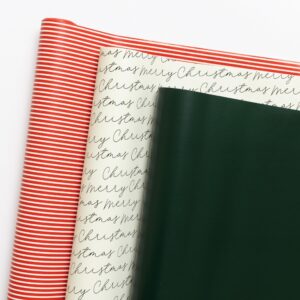 merry market 3-pack premium satin christmas wrapping paper, minimal holiday gift wrap, red stripe, solid green and merry christmas - 30” x 168” per roll, 105 square feet total