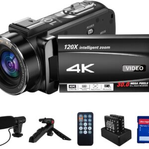 4K Video Camera Camcorder 10X Optical Zoom 120X Intelligent Zoom, 30MP 24FPS Auto Focus Vlogging Camera 3.0" IPS Touch Screen Digital Camera with Microphone, Tripod, Remote Control, 32G SD Card