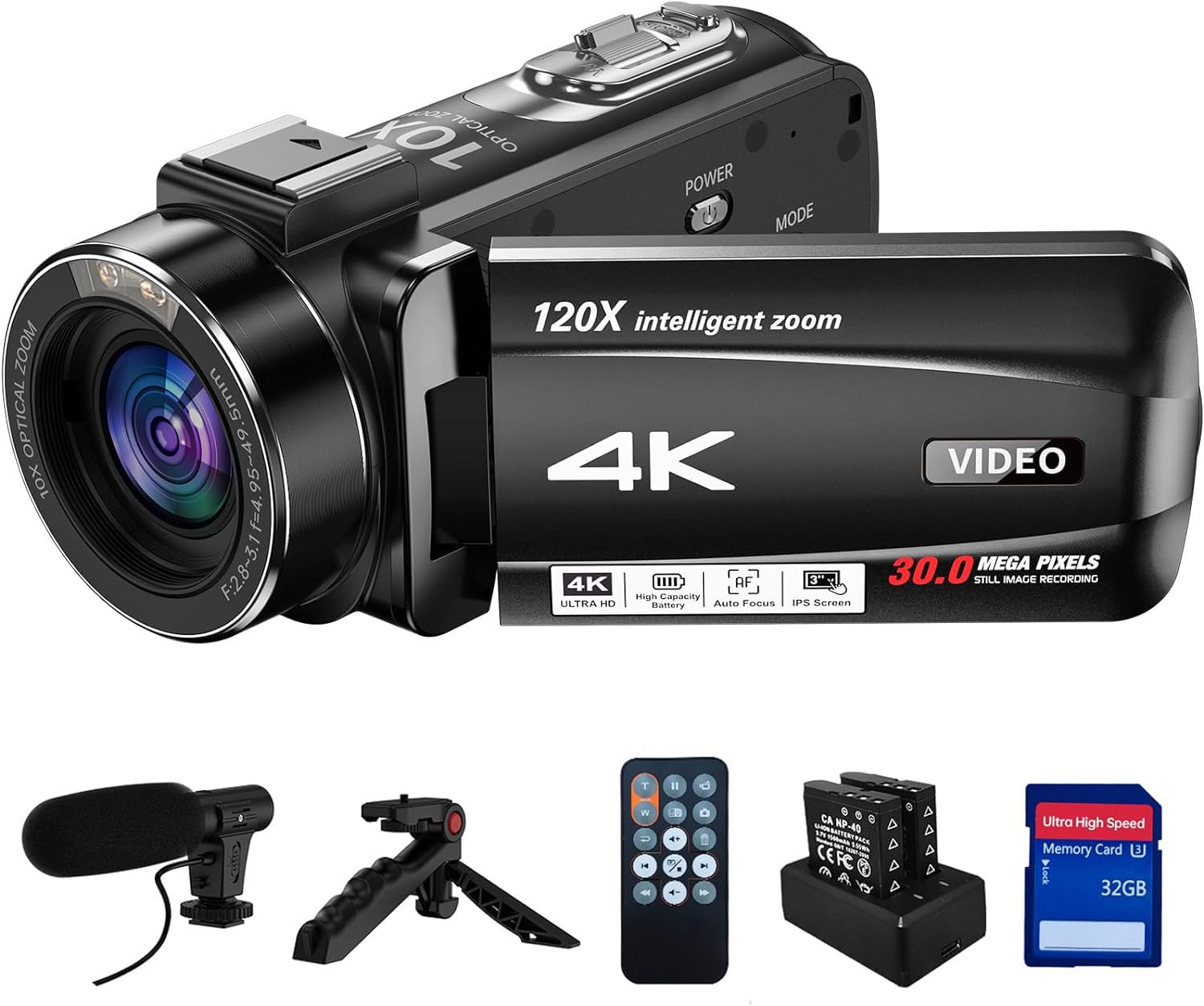 4K Video Camera Camcorder 10X Optical Zoom 120X Intelligent Zoom, 30MP 24FPS Auto Focus Vlogging Camera 3.0" IPS Touch Screen Digital Camera with Microphone, Tripod, Remote Control, 32G SD Card