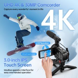 4K Video Camera Camcorder 10X Optical Zoom 120X Intelligent Zoom, 30MP 24FPS Auto Focus Vlogging Camera 3.0" IPS Touch Screen Digital Camera with Microphone, Tripod, Remote Control, 32G SD Card