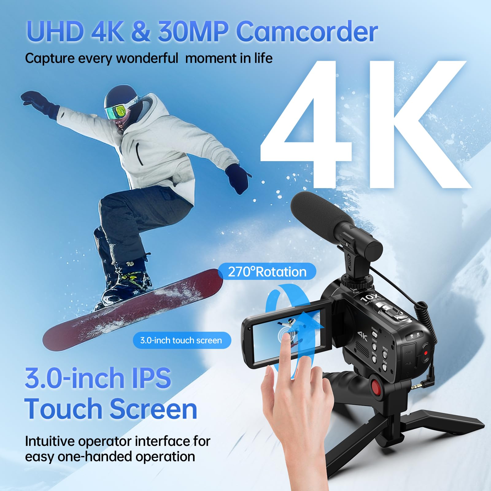 4K Video Camera Camcorder 10X Optical Zoom 120X Intelligent Zoom, 30MP 24FPS Auto Focus Vlogging Camera 3.0" IPS Touch Screen Digital Camera with Microphone, Tripod, Remote Control, 32G SD Card