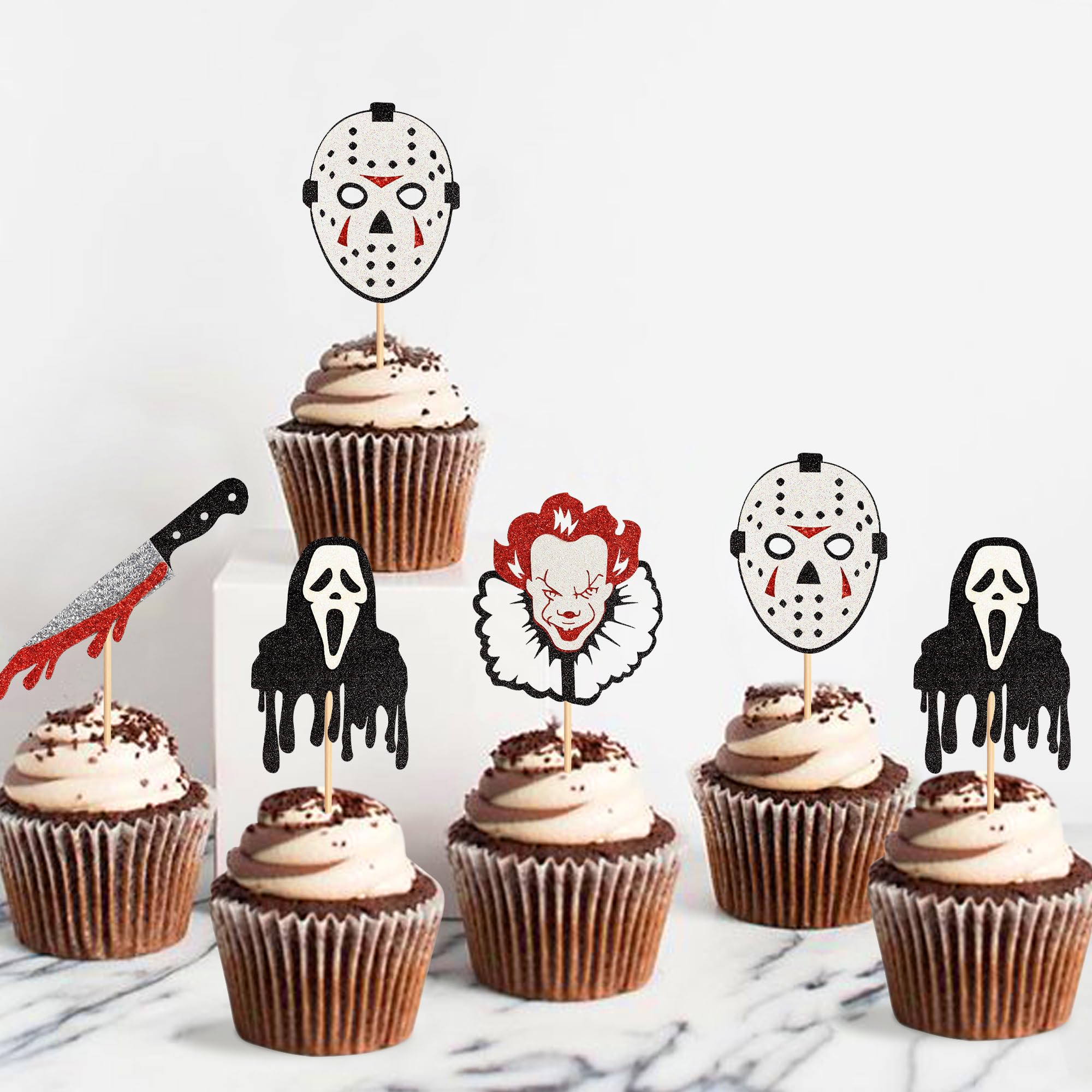 Ercadio Horror Movie Cupcake Toppers, 24pcs Glitter Ghost Picks for Halloween, Birthday Party Cake Decorations Supplies