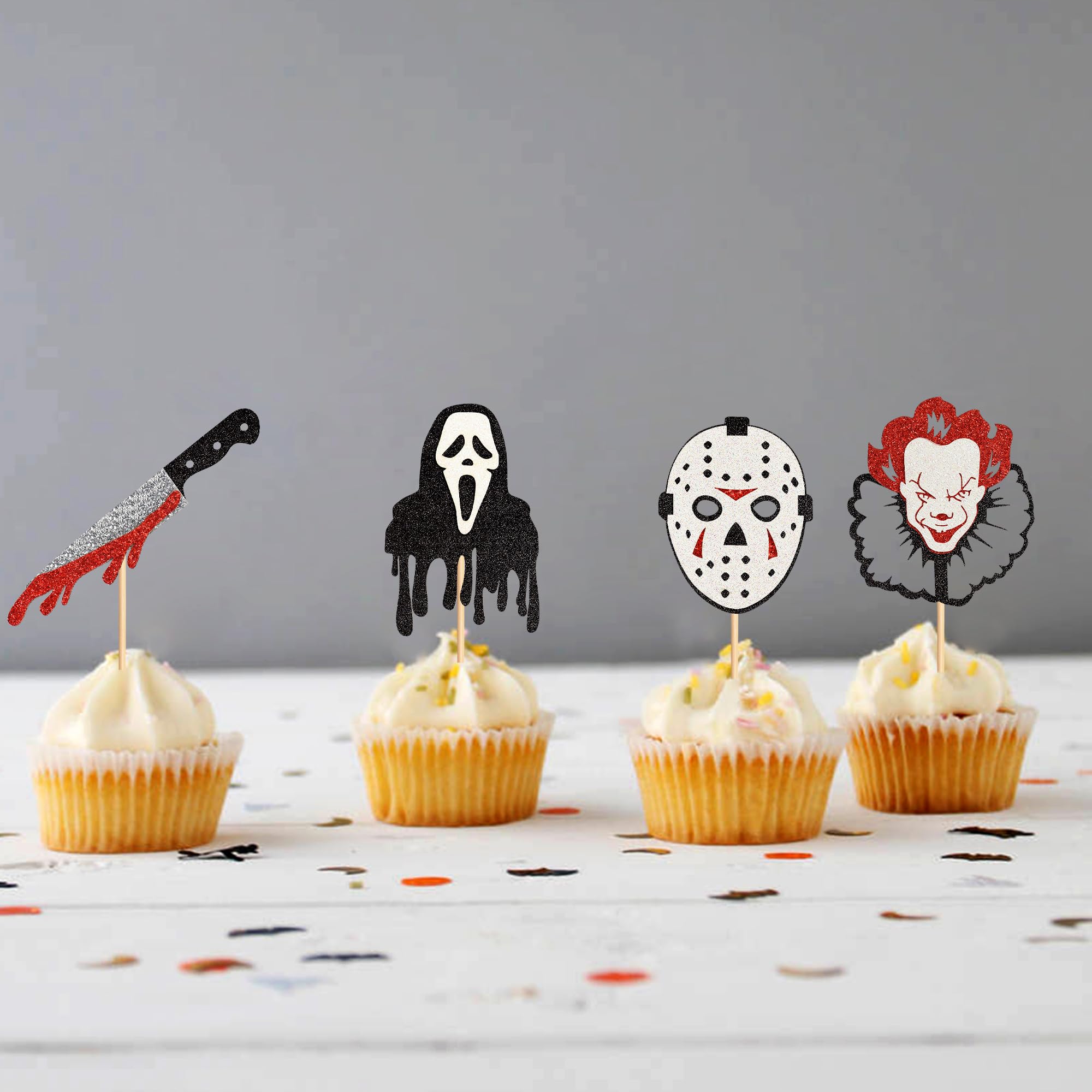 Ercadio Horror Movie Cupcake Toppers, 24pcs Glitter Ghost Picks for Halloween, Birthday Party Cake Decorations Supplies