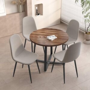 INO Design Modern 35'' Walnut Wooden Round Dining Table Set for 4 - Space Saving, Leisure Coffee Kitchen Dinette, Sturdy Black Metal Legs - Ideal for Small Apartment, Home, or Restaurant (Table Only)