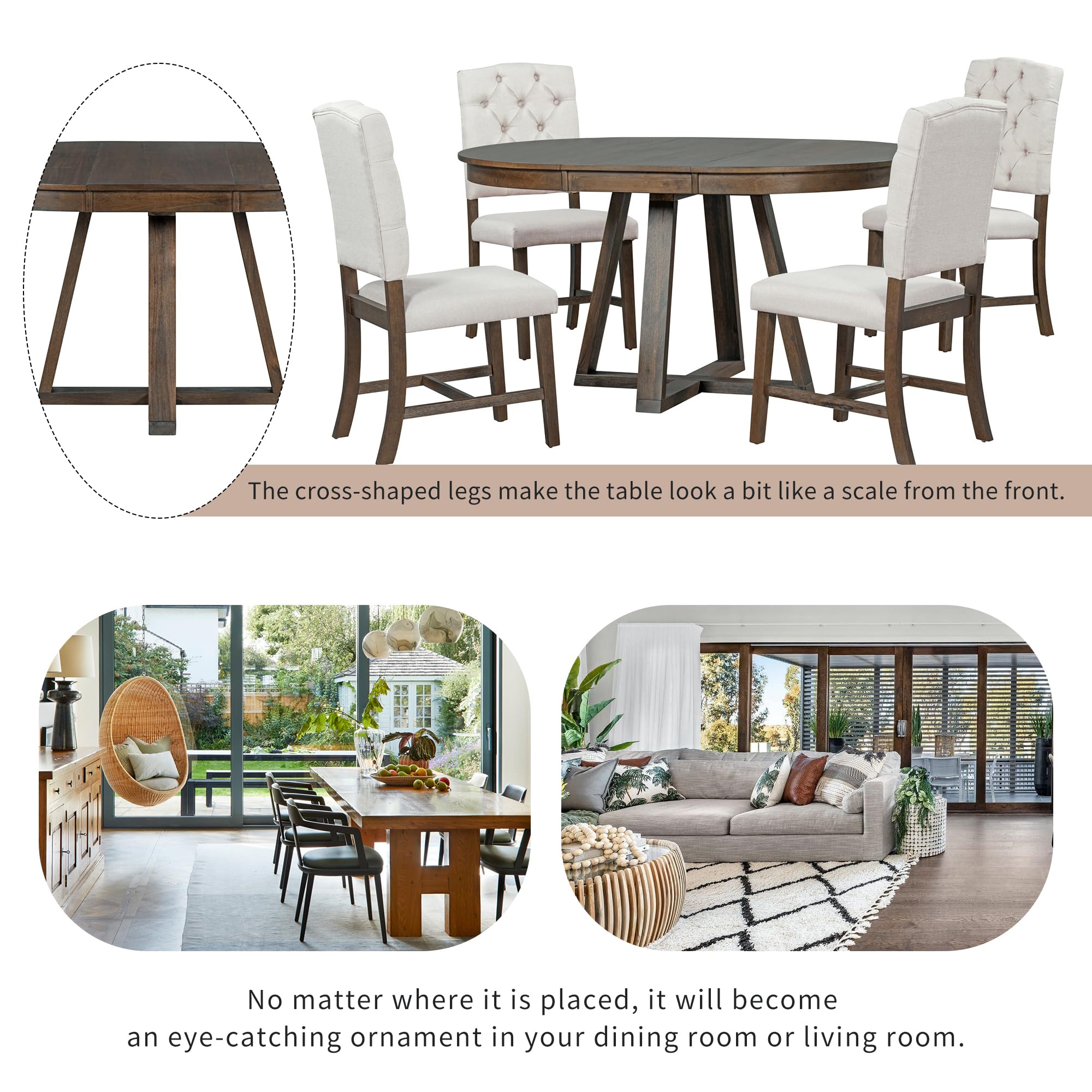 LZ LEISURE ZONE Dining Table Set for 4, Retro Functional Dining Room Set, Round Table with a 16" W Leaf and 4 Upholstered Chairs for Dining Room/Living Room, Walnut