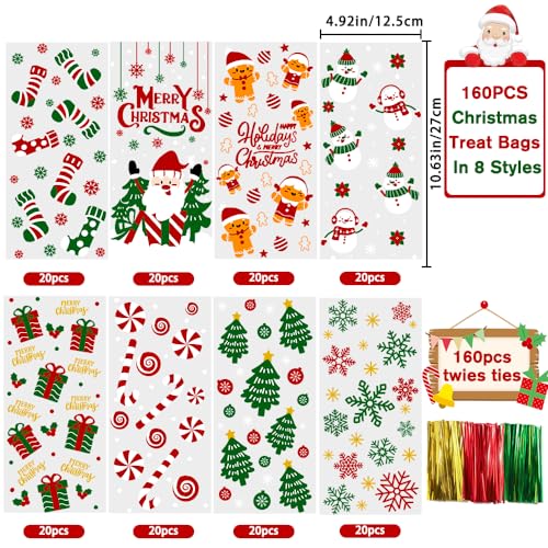 YUJUN 160 PCS Christmas Cellophane Treat Bags,Santa Claus Goodie Candy Xmas Clear Cello Bags Twist Ties for Winter Christmas Theme Party Favor Supplies(8 Styles)