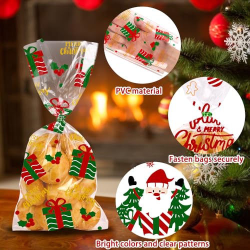 YUJUN 160 PCS Christmas Cellophane Treat Bags,Santa Claus Goodie Candy Xmas Clear Cello Bags Twist Ties for Winter Christmas Theme Party Favor Supplies(8 Styles)