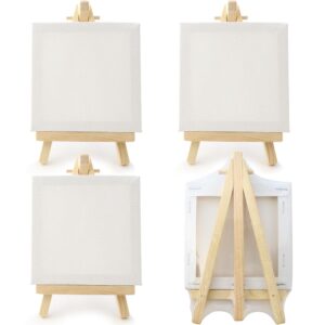 WYBG 4 Pieces Mini Canvases for Painting with Easel Set, 3x3 Inch Stretched White Blank Canvas Panels Wood Easels Small Canvas with Easel Small Canvas for Adults Kids