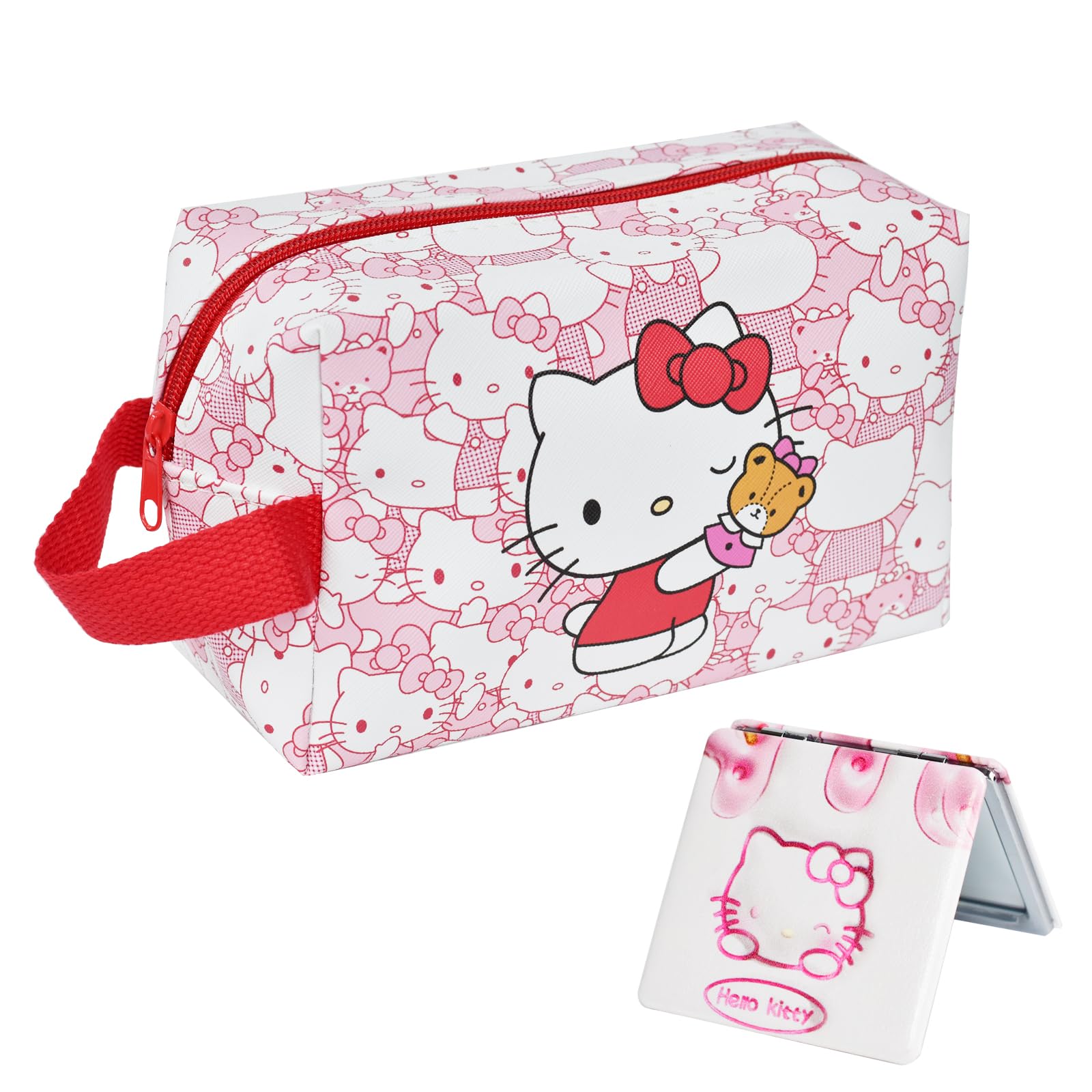 ENENSET kitty Travel Cosmetic Bag, Large Capacity Cartoon Cosmetic Pouch Makeup Bag with Zipper, PU Travel Toiletry Bag Makeup Accessories Organizer, Foldable Storage Bag Makeup Pouch for Girls