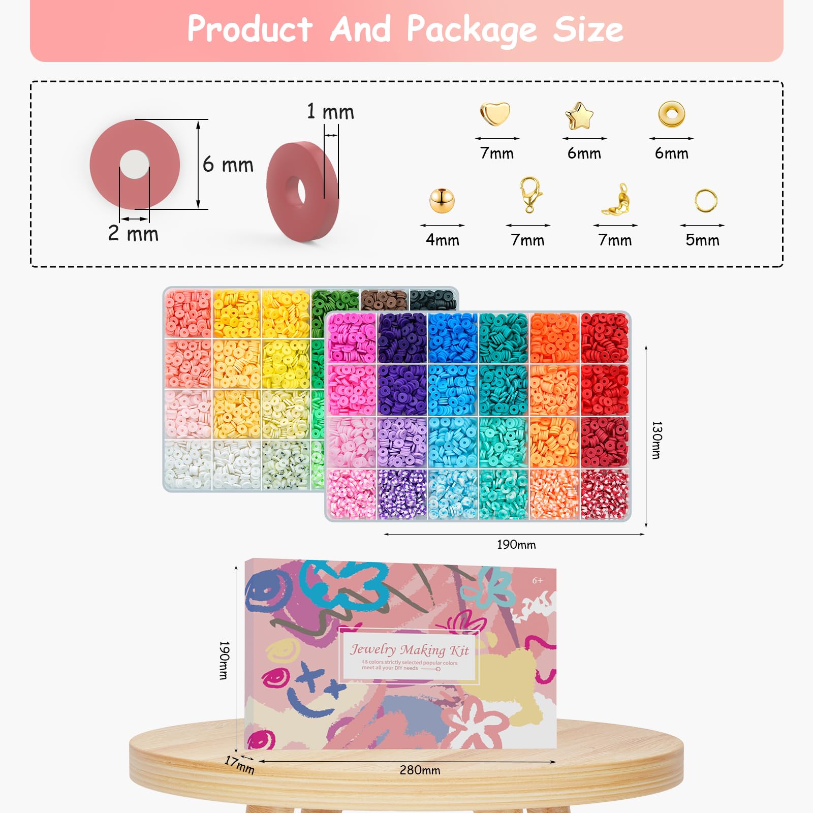 Velavior 7000 Pcs Clay Beads for Bracelet Making Kit, 2 Boxes 48 Colors Friendship Bracelet Kit Polymer Clay Heishi Beads with Star Round Heart Spacer Gold Bead DIY Crafts Gift Set for Kids Teens