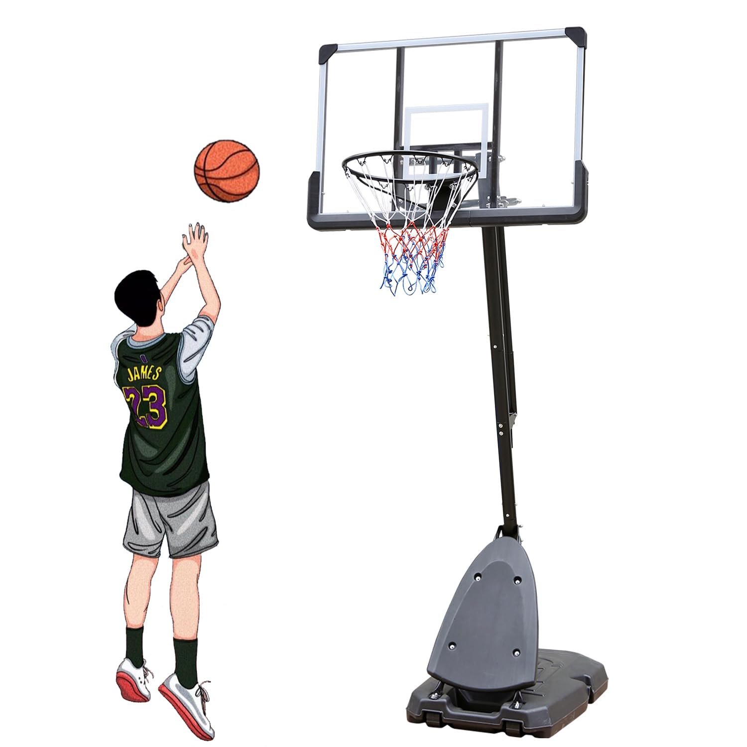 ICSPOID Basketball Hoop Portable 44 Inch Impact Backboard 6 to 10ft Telescoping Adjustment Basketball Goal System for Youth/Adults Indoor Outdoor