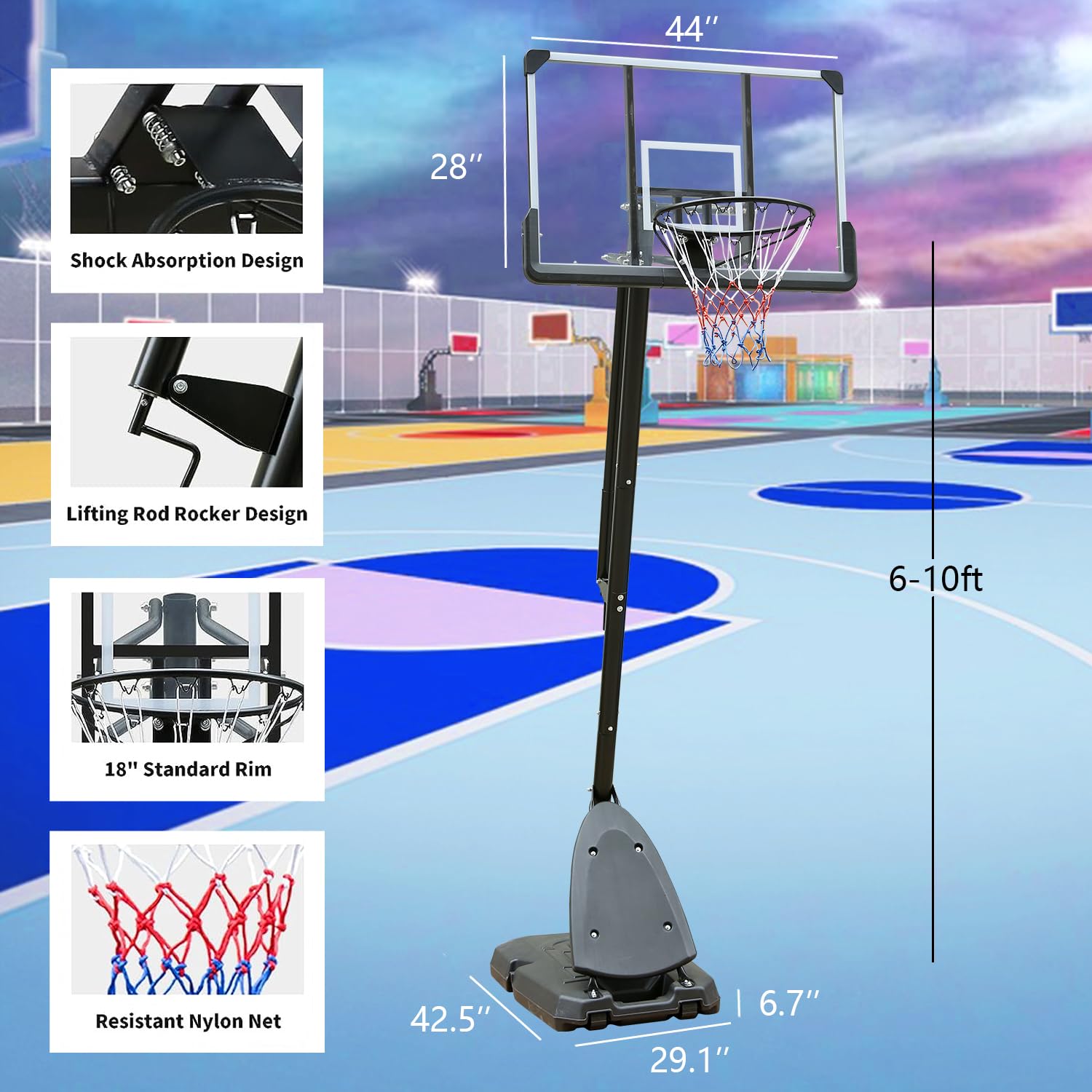 ICSPOID Basketball Hoop Portable 44 Inch Impact Backboard 6 to 10ft Telescoping Adjustment Basketball Goal System for Youth/Adults Indoor Outdoor