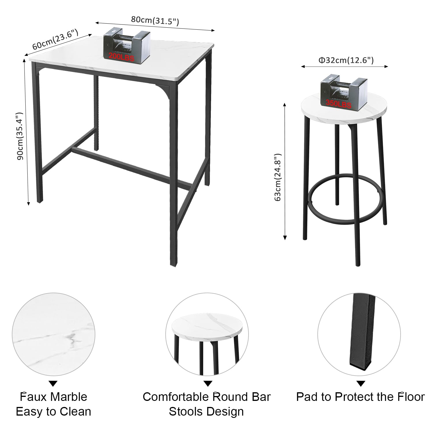 AT-VALY 3-Piece Bar Table Set with 2 Stools,Dining Room Table Set,Small Spaces (Black)