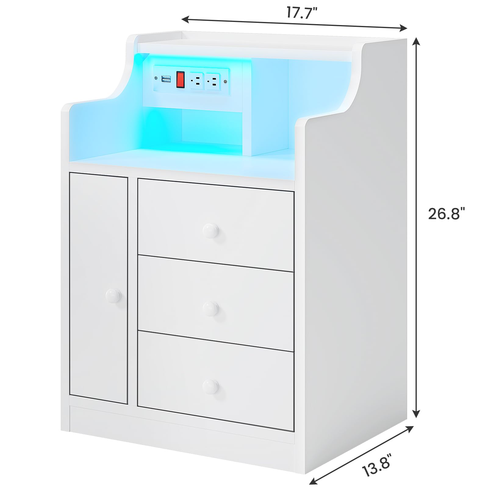 ADORNEVE LED Nightstand with Charging Station,Night Stand with Hutch for bedroom,Bedside Table with Drawers,Modern End Table,White