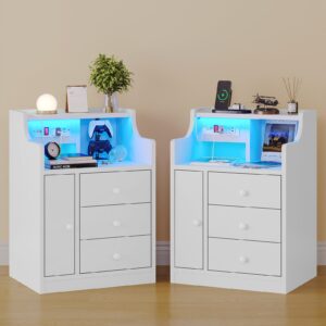 ADORNEVE LED Nightstand with Charging Station,Night Stand with Hutch for bedroom,Bedside Table with Drawers,Modern End Table,White