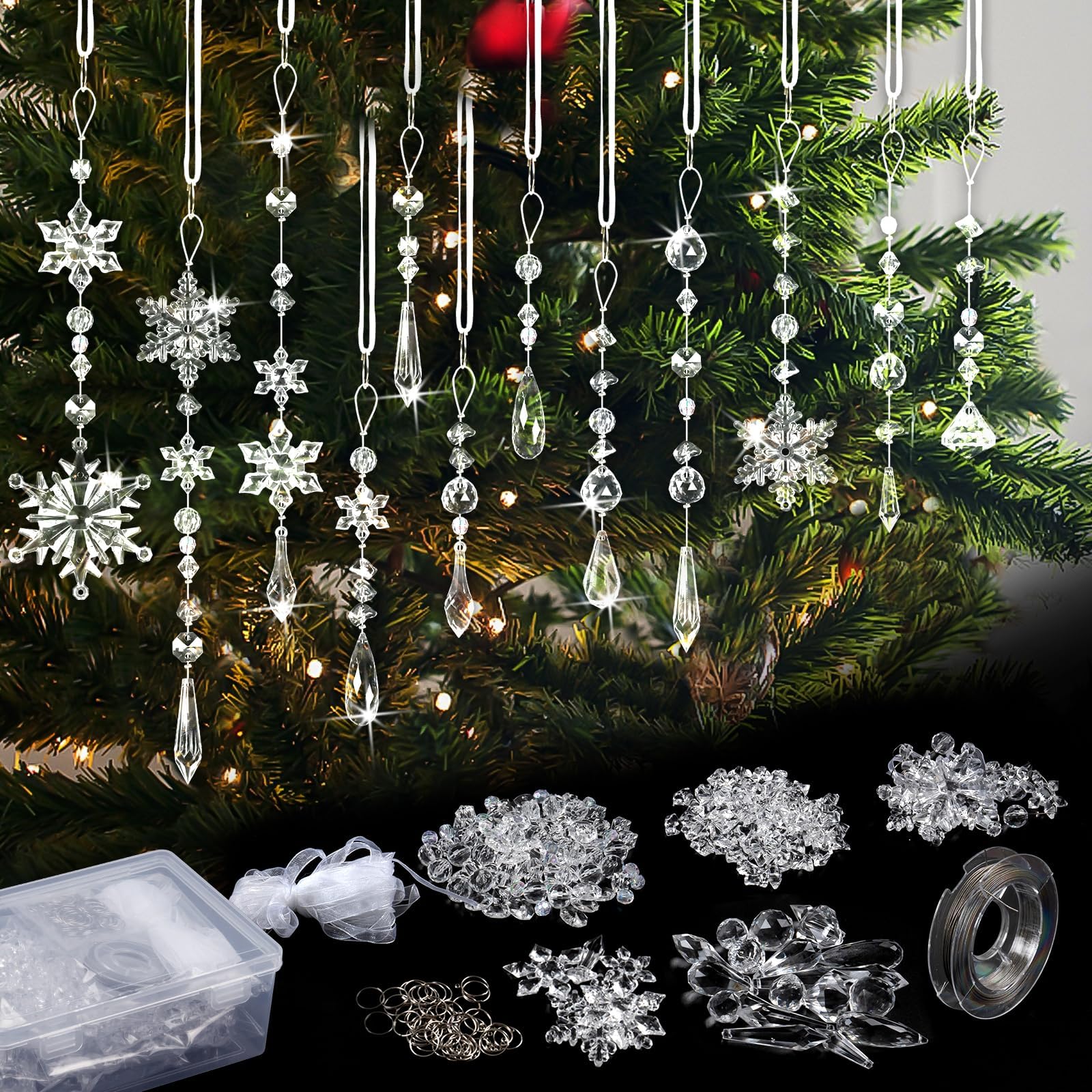 OuMuaMua Christmas Decorations Crystal Ornaments Set for Tree - Acrylic DIY Ornaments Christmas Hanging Crystal Snowflake Decorations for Christmas Tree Winter Party Supplies