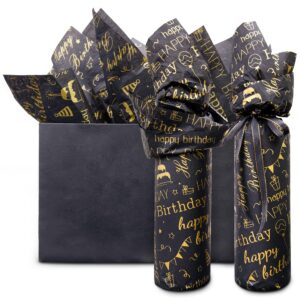 MR FIVE Large Black Gold Birthday Tissue Paper Bulk,20" x 28",Black with Gold Happy Birthday Design Tissue Paper for Gift Bags,Black Gold Happy Birthday Tissue Paper for Birthday Party,30 Sheets