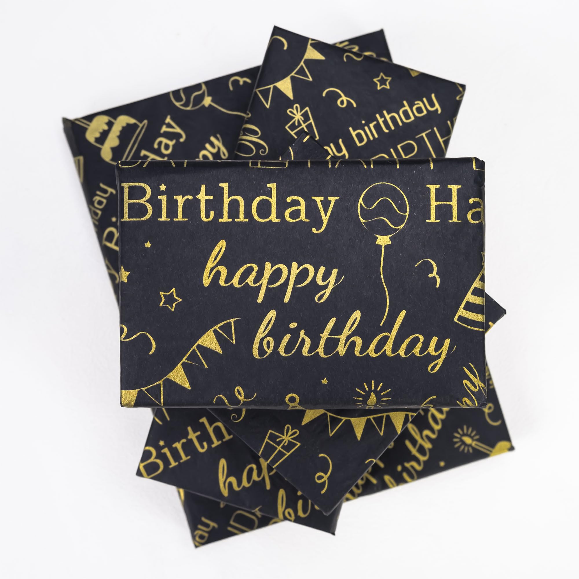 MR FIVE Large Black Gold Birthday Tissue Paper Bulk,20" x 28",Black with Gold Happy Birthday Design Tissue Paper for Gift Bags,Black Gold Happy Birthday Tissue Paper for Birthday Party,30 Sheets