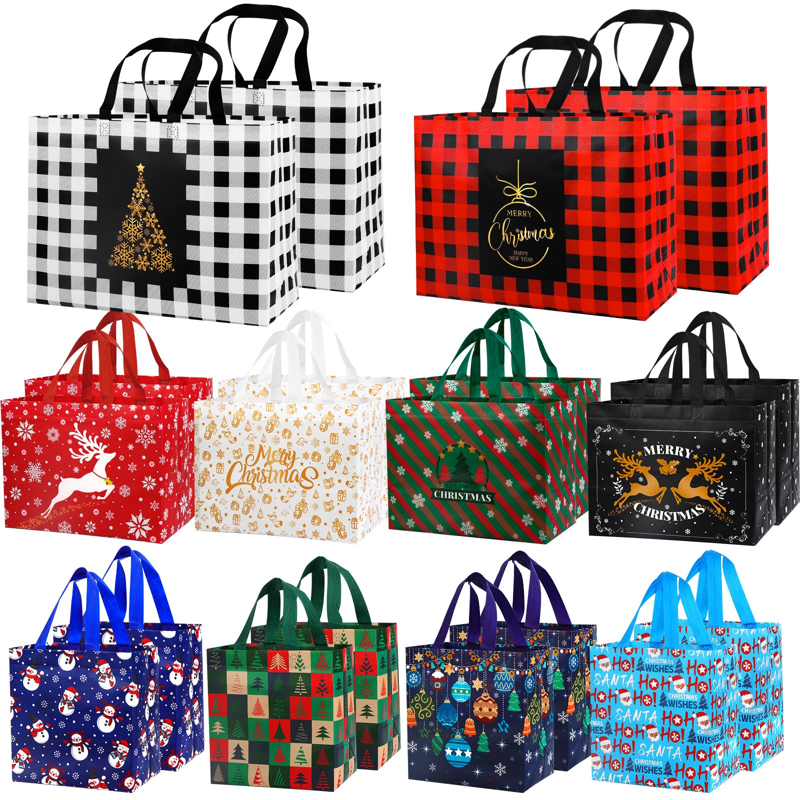 DULEFUN 20pcs Christmas Tote Bags 10 Styles Xmas Treat Non-Woven Bags Reusable Large Medium Small Xmas Shopping Wrapping Bags for Christmas Holiday Party Favors Supplies