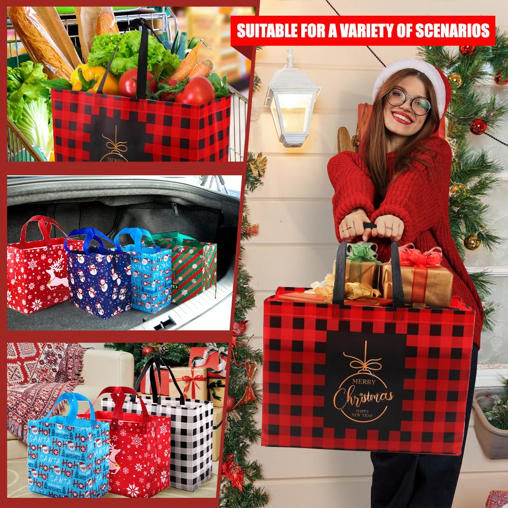 DULEFUN 20pcs Christmas Tote Bags 10 Styles Xmas Treat Non-Woven Bags Reusable Large Medium Small Xmas Shopping Wrapping Bags for Christmas Holiday Party Favors Supplies