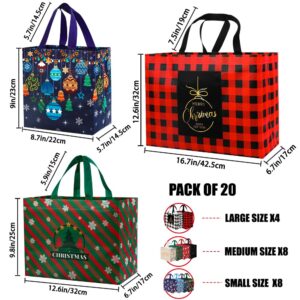 DULEFUN 20pcs Christmas Tote Bags 10 Styles Xmas Treat Non-Woven Bags Reusable Large Medium Small Xmas Shopping Wrapping Bags for Christmas Holiday Party Favors Supplies