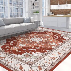 HOMFINE Washable Area Rug 8x10 - Vintage Rugs for Living Room, Low Pile Rug for Bedroom Dining Room, Ultra-Soft, Non Slip, Medallion Carpet for Home Decor Orange Area Rug