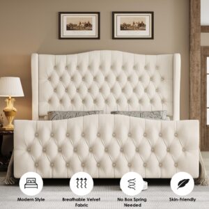 Keyluv Queen Size 54.3” Tall Platform Bed Frame with Deep Button Tufted Wingback Headboard and Footboard, Velvet Upholstered Bed Frame with Handmade Pleats, No Box Spring Needed, Beige/Cream