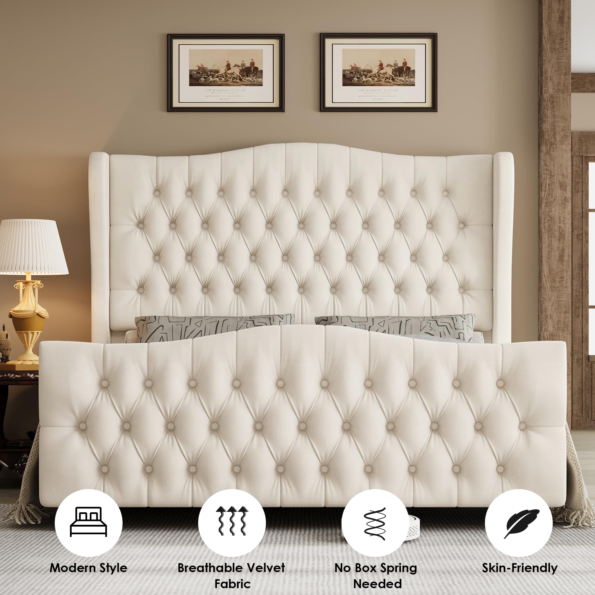 Keyluv Queen Size 54.3” Tall Platform Bed Frame with Deep Button Tufted Wingback Headboard and Footboard, Velvet Upholstered Bed Frame with Handmade Pleats, No Box Spring Needed, Beige/Cream